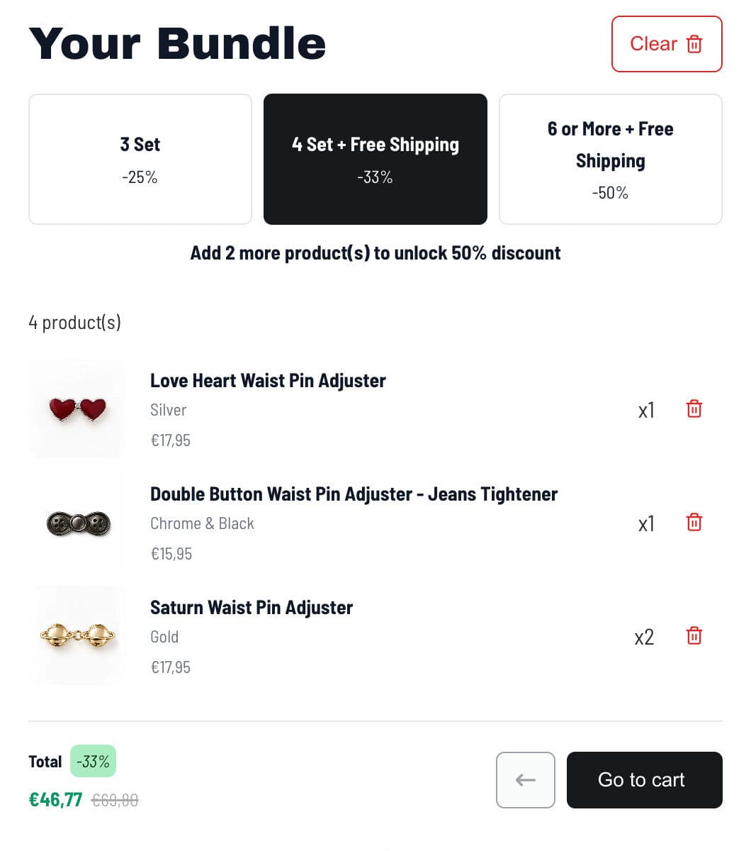 The Pin Theory bundle summary with the 4 Set + Free Shipping tier at 33% off active, a prompt to add 2 more products to unlock 50%, and a total of 46,77 euro