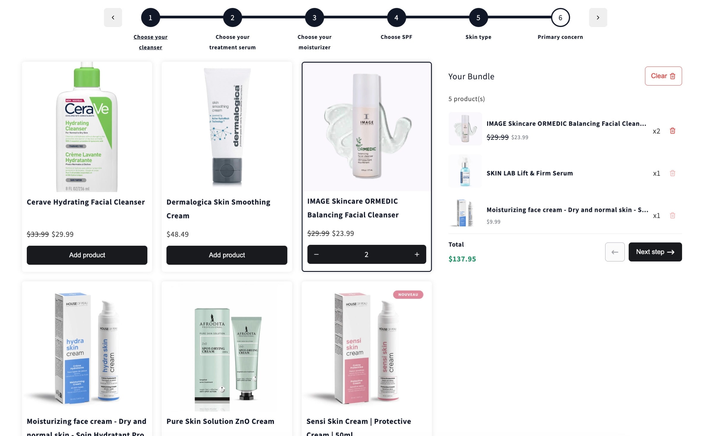 A build your own skincare routine bundle with six steps, products to pick and a running bundle summary