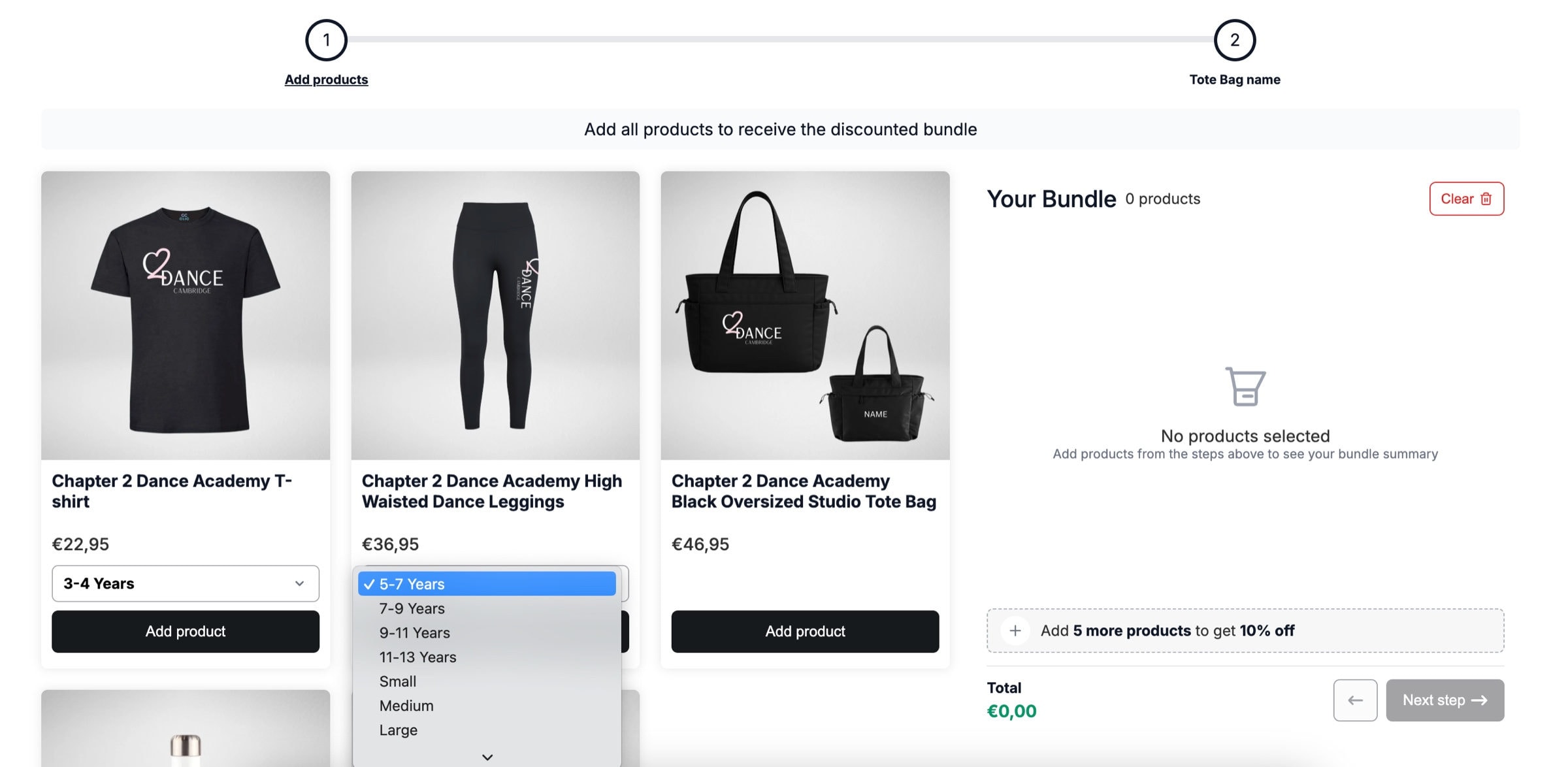The Clic Clothing dance academy kit builder with the size dropdown open on the leggings, showing ages from 5-7 years to Large