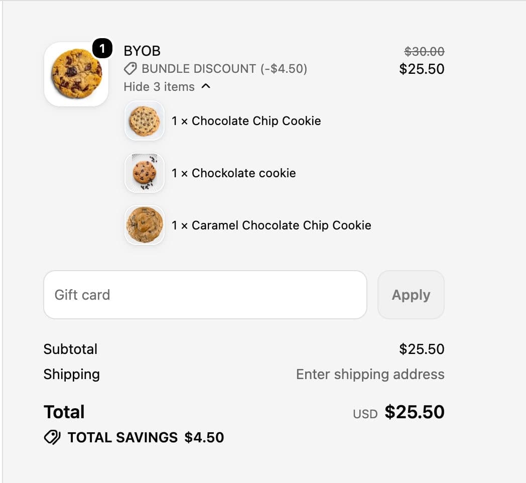 Shopify checkout showing one bundle with a bundle discount and three cookies listed under it