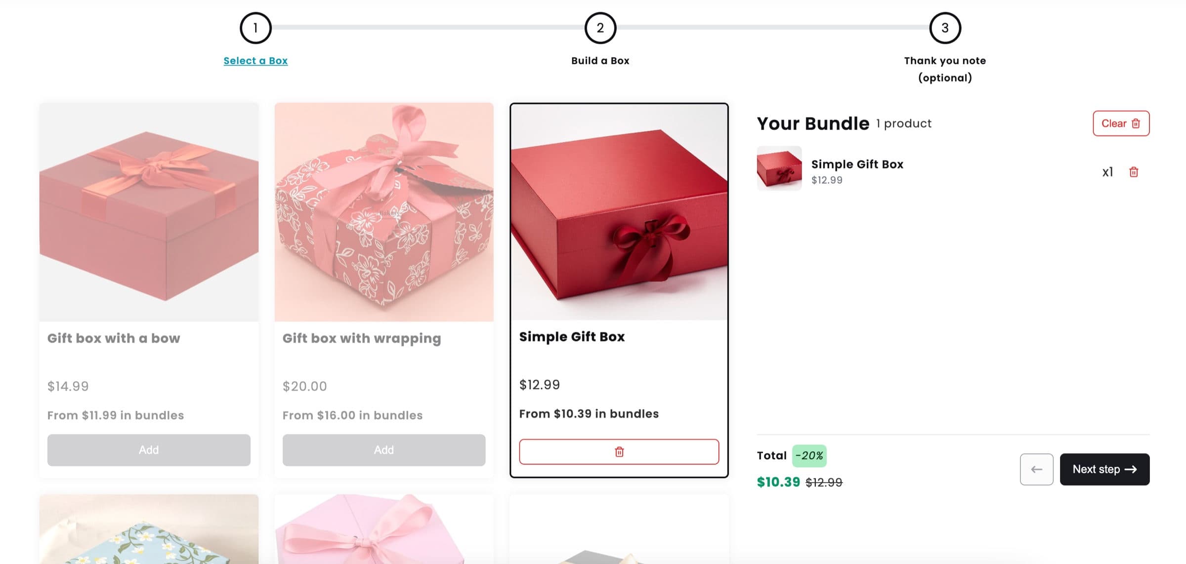 First step of a Shopify gift box builder, Select a Box, with the Simple Gift Box picked and added to the bundle summary with 20% off