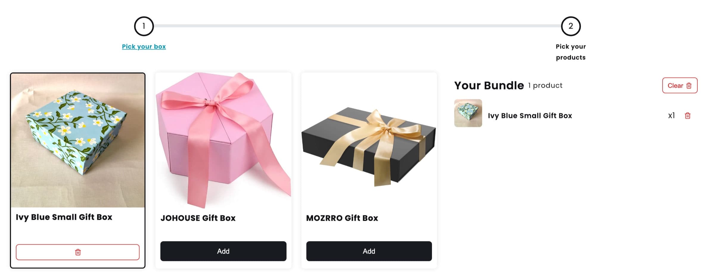 Demo gift box builder with four boxes to choose from