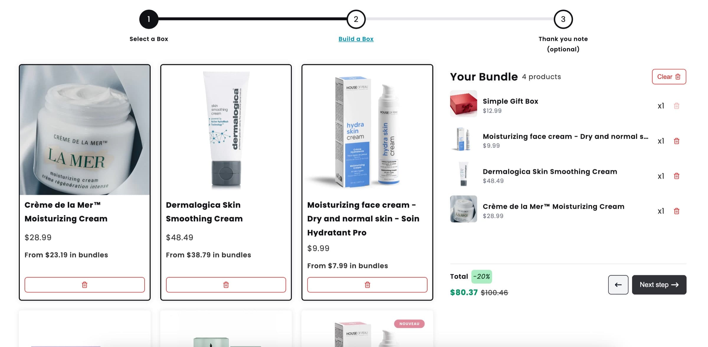 Second step, Build a Box, with three skincare products picked, the gift box in the summary and the total with 20% off