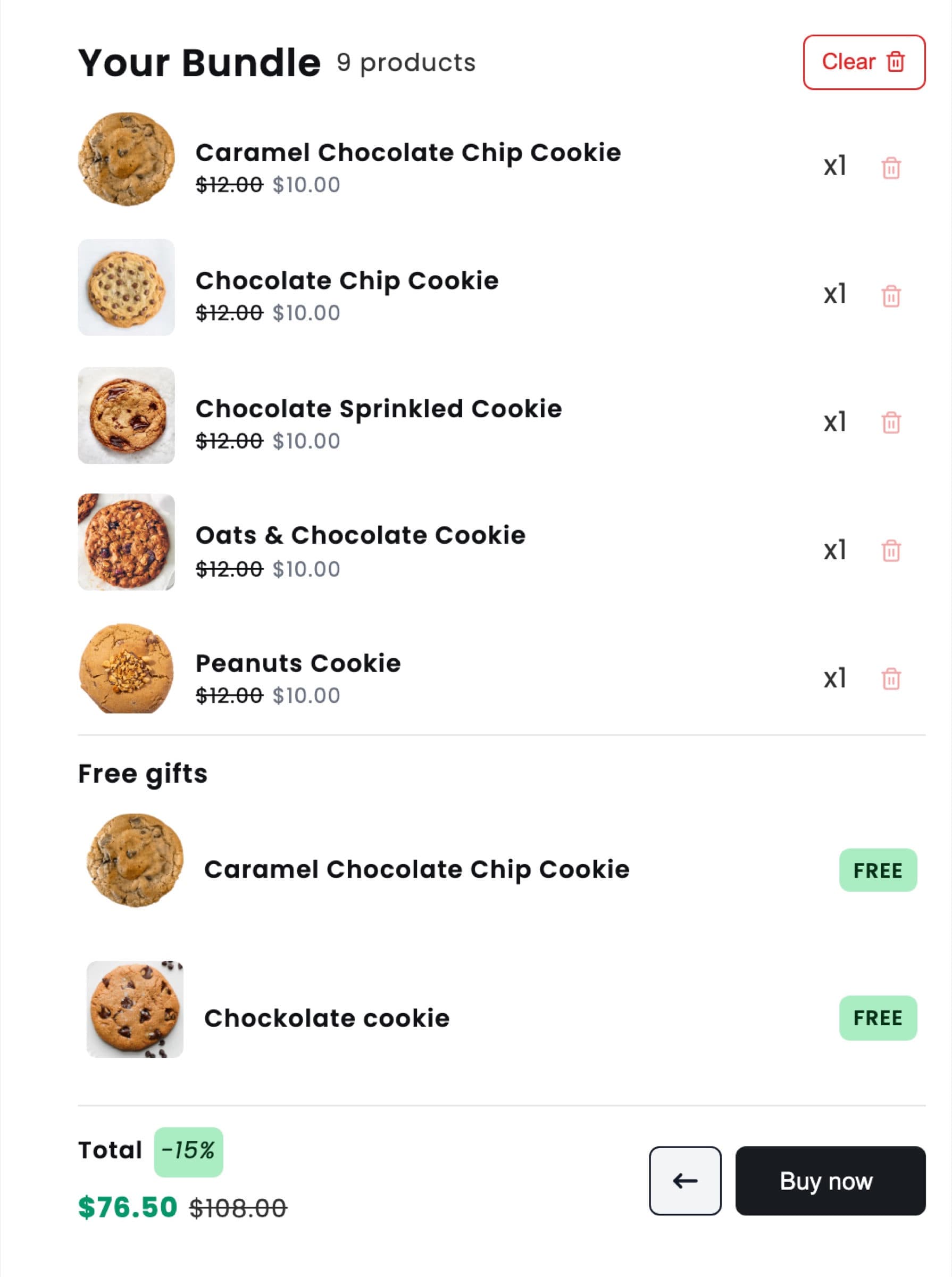 Bundle summary of a cookie gift box with five cookies, two free gift cookies marked FREE and a total of $76.50 after 15% off $108.00
