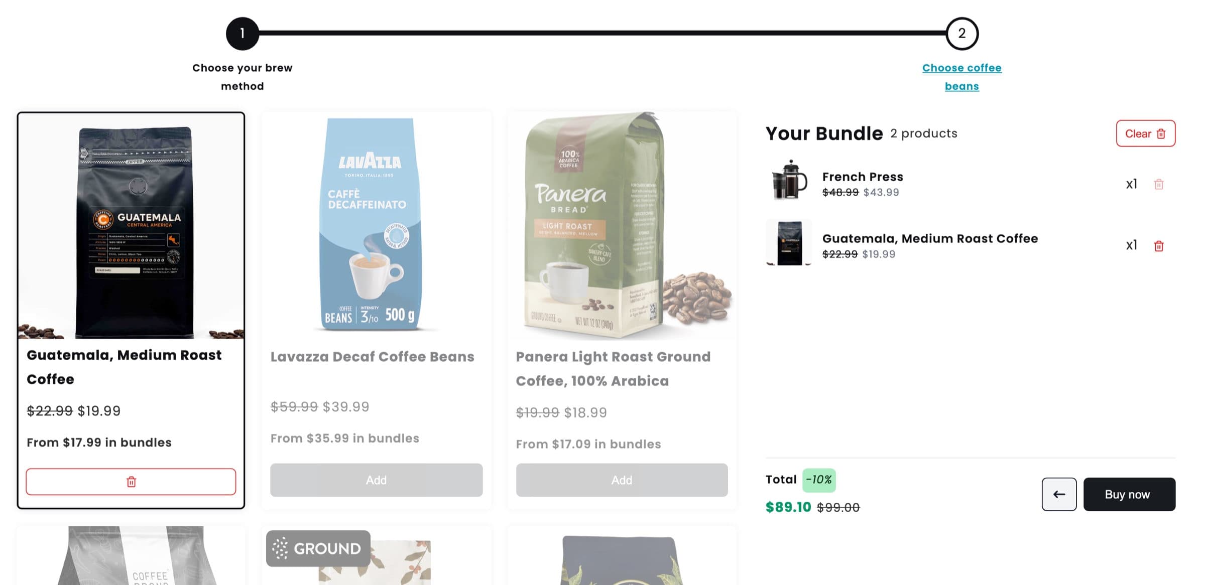 Step 2 of the guided coffee bundle, Choose coffee beans, with Guatemala Medium Roast picked and a Buy now button under the bundle total