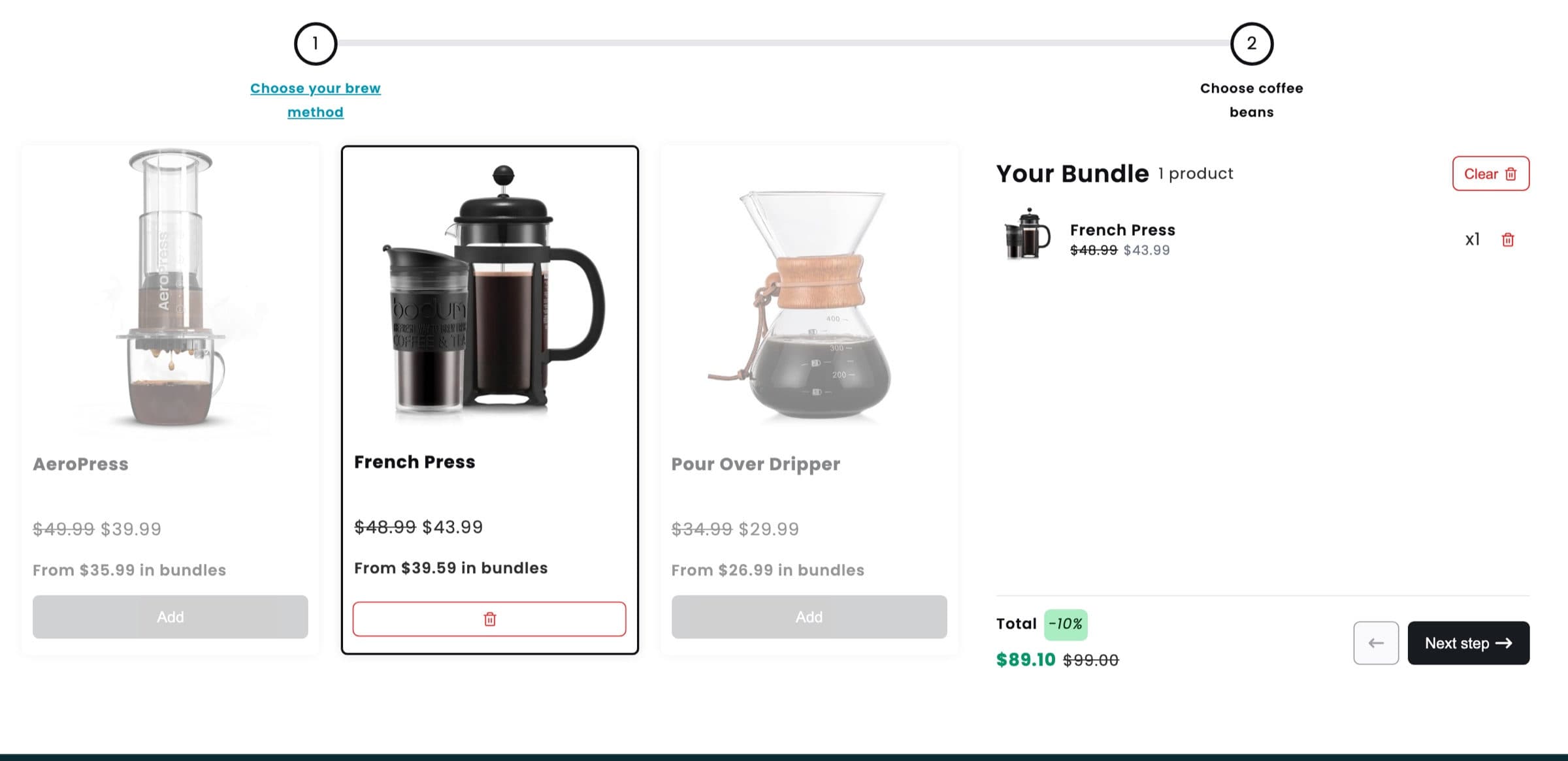 The French Press picked in step 1, the other brew methods greyed out, and the bundle summary with a 10% discount and a Next step button