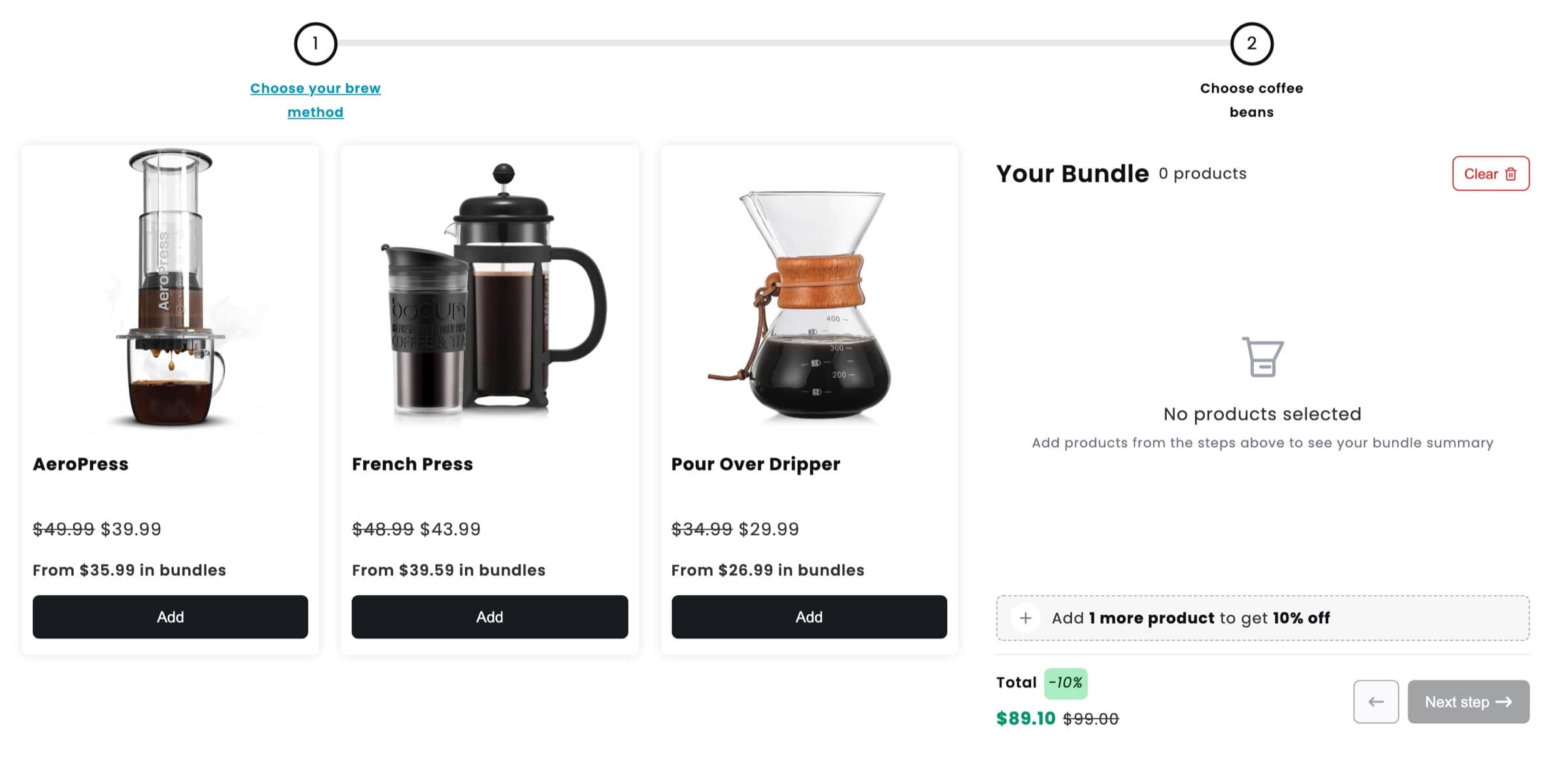 Step 1 of a guided coffee bundle, Choose your brew method, with AeroPress, French Press and Pour Over Dripper and an empty bundle summary