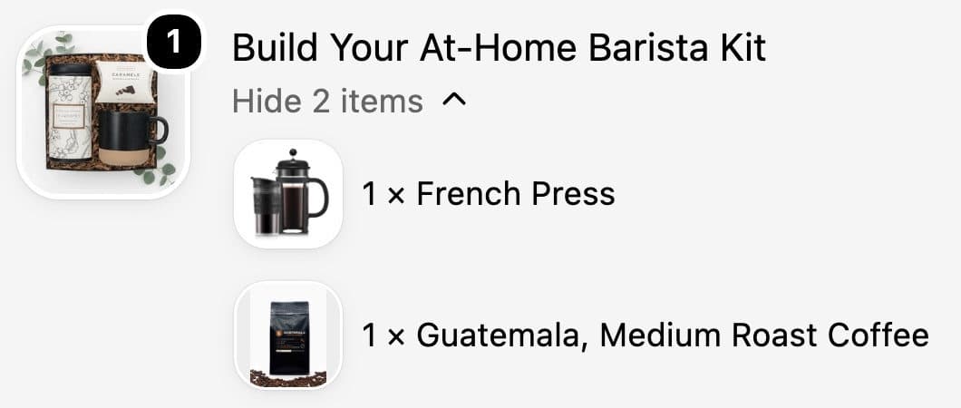 Shopify checkout with one line, Build Your At-Home Barista Kit, with 1 x French Press and 1 x Guatemala Medium Roast Coffee listed under it