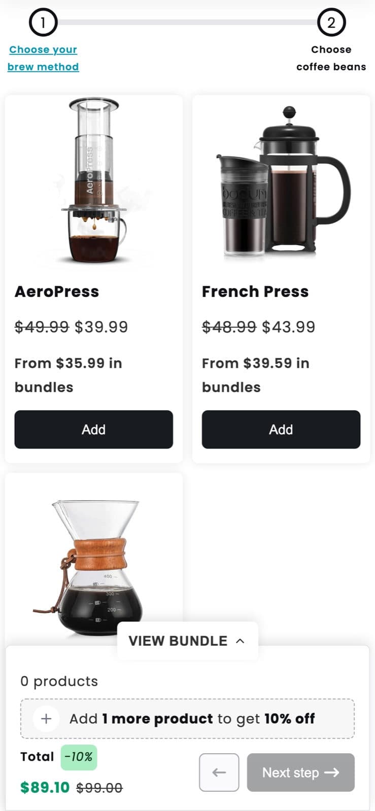 Step 1 of the guided coffee bundle on a phone