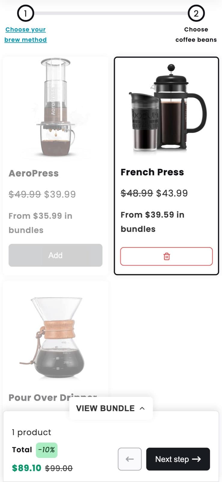 The French Press picked on a phone, with the other brew methods locked and Next step in the bundle bar