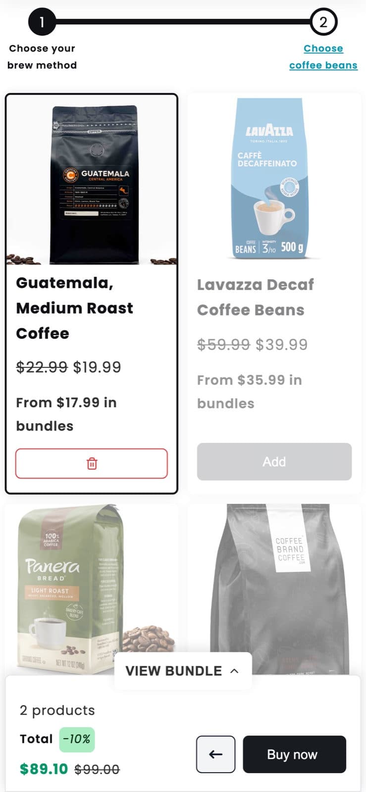 Step 2 of the guided coffee bundle on a phone with the Buy now button
