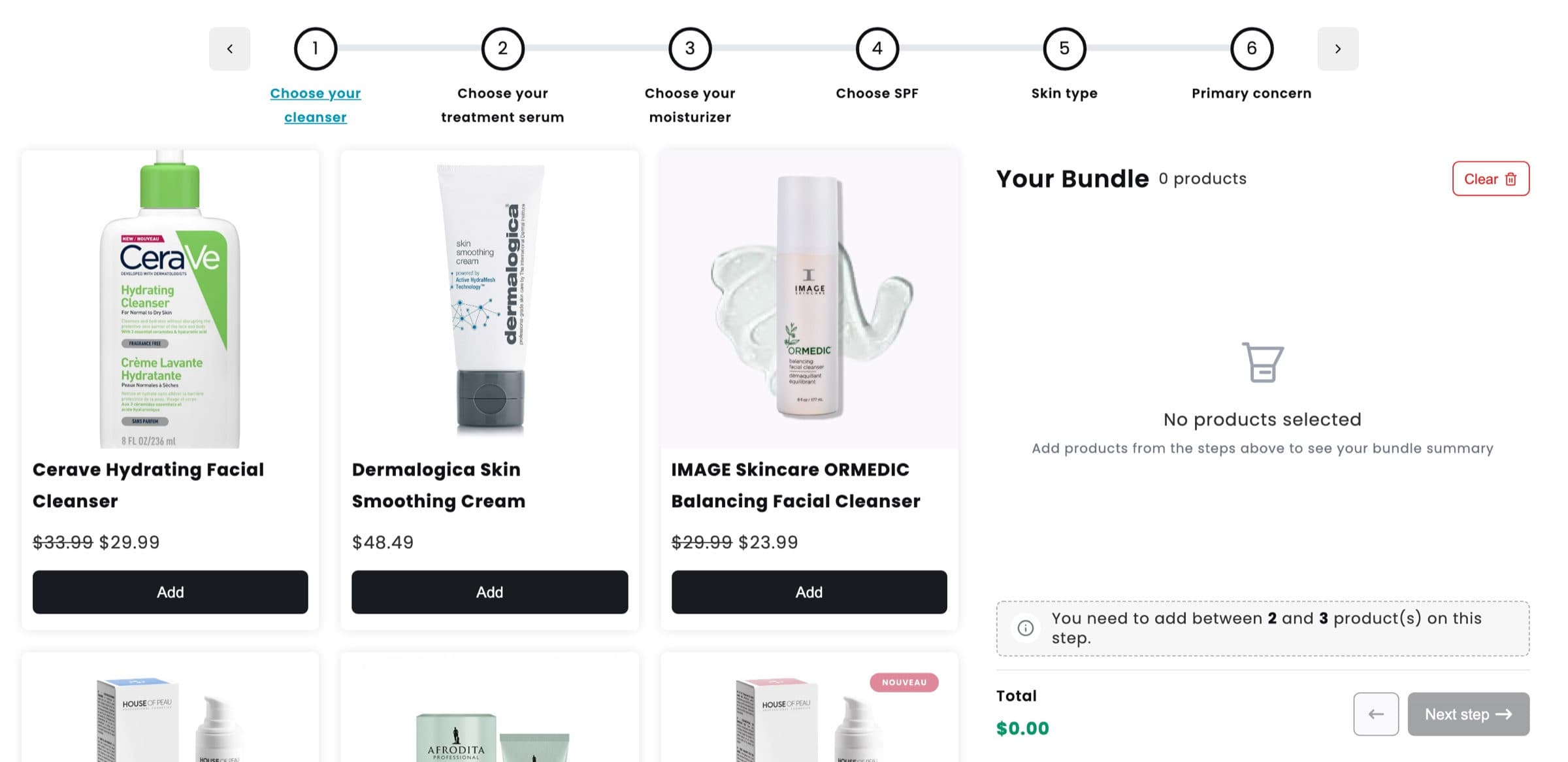 A six step skincare routine bundle with a step bar from Choose your cleanser to Primary concern