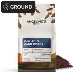 Bag of Angelino's Low Acid Dark Roast ground coffee