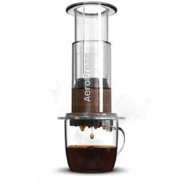 AeroPress coffee maker brewing into a glass mug