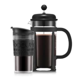 Black French press with a matching travel mug