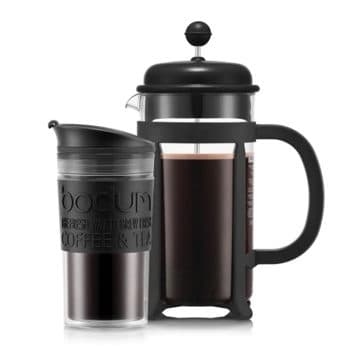 Black French press with a matching travel mug