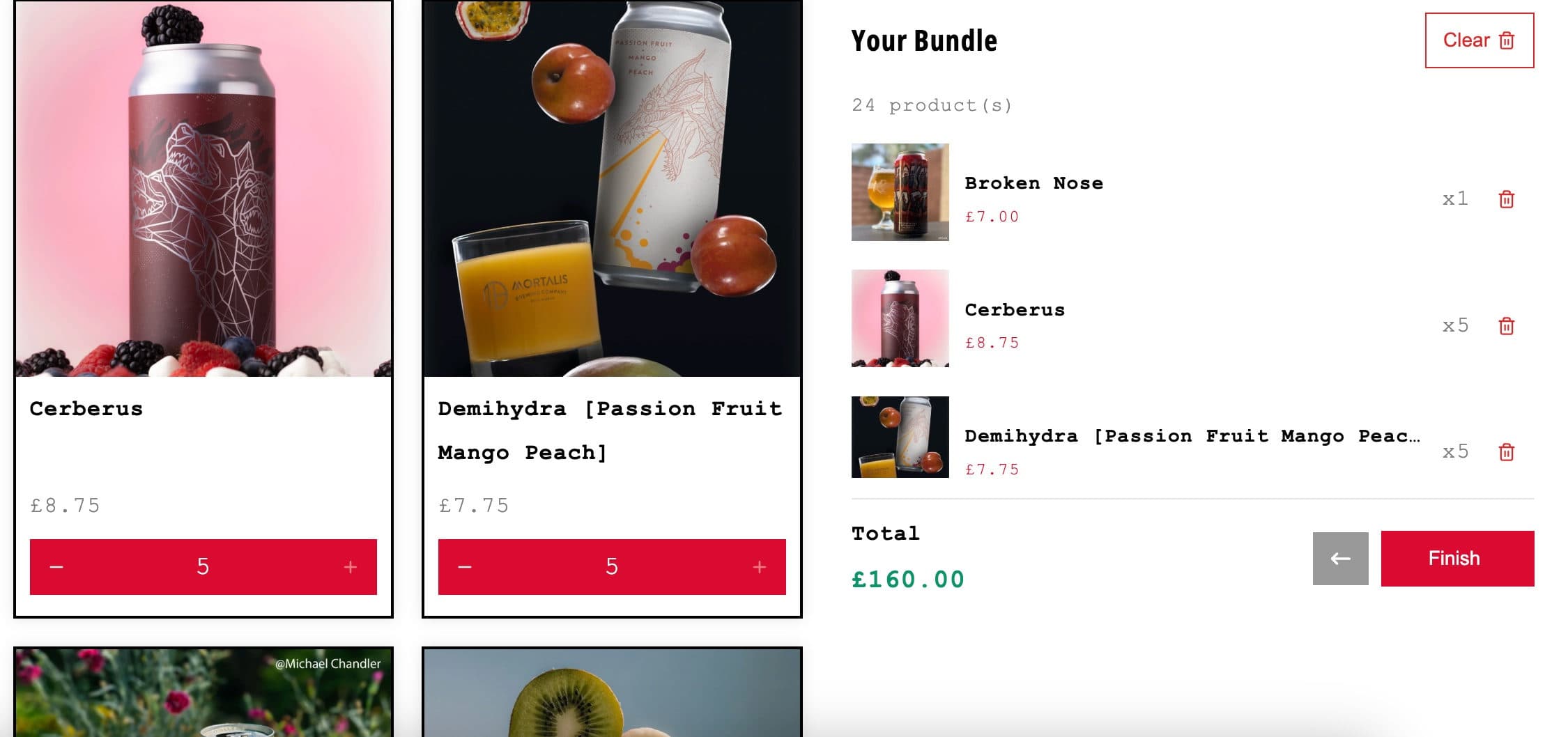 Brew Export's pick 'n' mix beer case built with NeatBundles: cans with quantity steppers and a bundle summary with a total of 160 pounds
