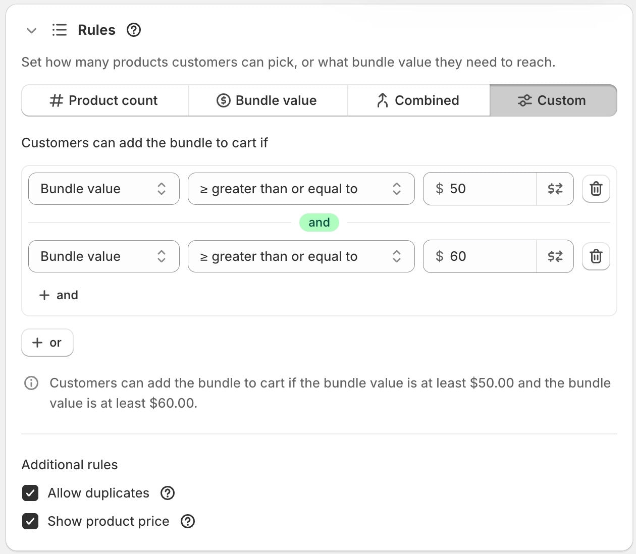 The Rules panel in the NeatBundles admin: limits by product count, bundle value, combined or custom conditions joined with and or or, plus allow duplicates and show product price
