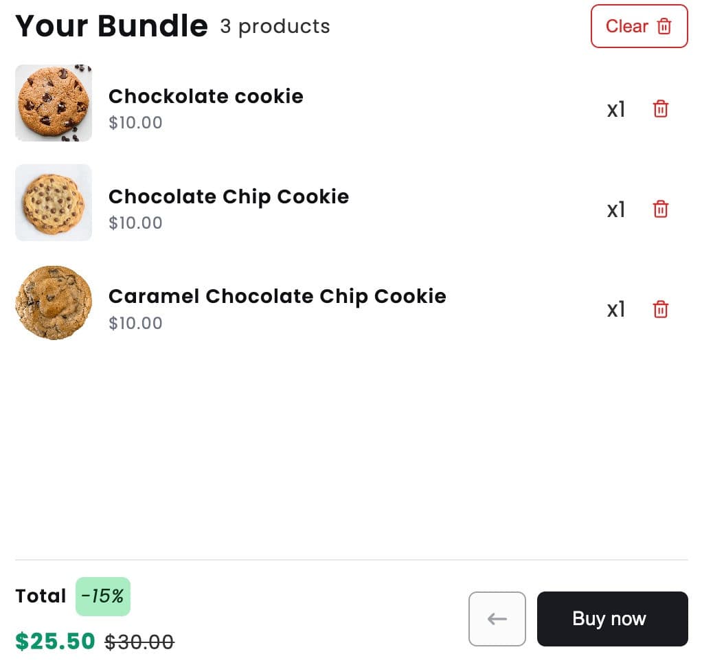The bundle summary on the storefront with three cookies, the original 30 dollars crossed out and 25.50 dollars after a 15% bundle discount