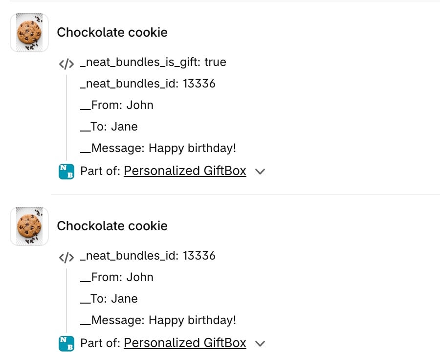 A Shopify order where each cookie in the Personalized GiftBox lists From: John, To: Jane and Message: Happy birthday!