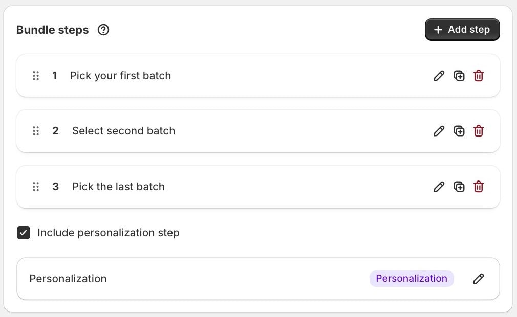 The NeatBundles admin with three product steps and the Include personalization step option checked below them