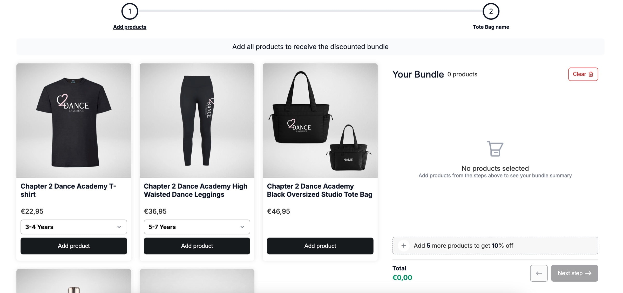 The Clic Clothing dance academy kit bundle, with an Add products step and a Tote Bag name step at the end