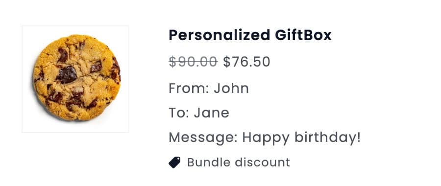 A Personalized GiftBox in the cart at $76.50 with From: John, To: Jane and Message: Happy birthday! under it