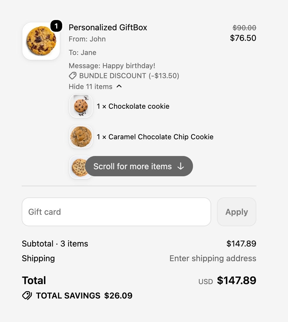 A Personalized GiftBox at Shopify checkout with From, To and Message lines, a bundle discount and the box contents