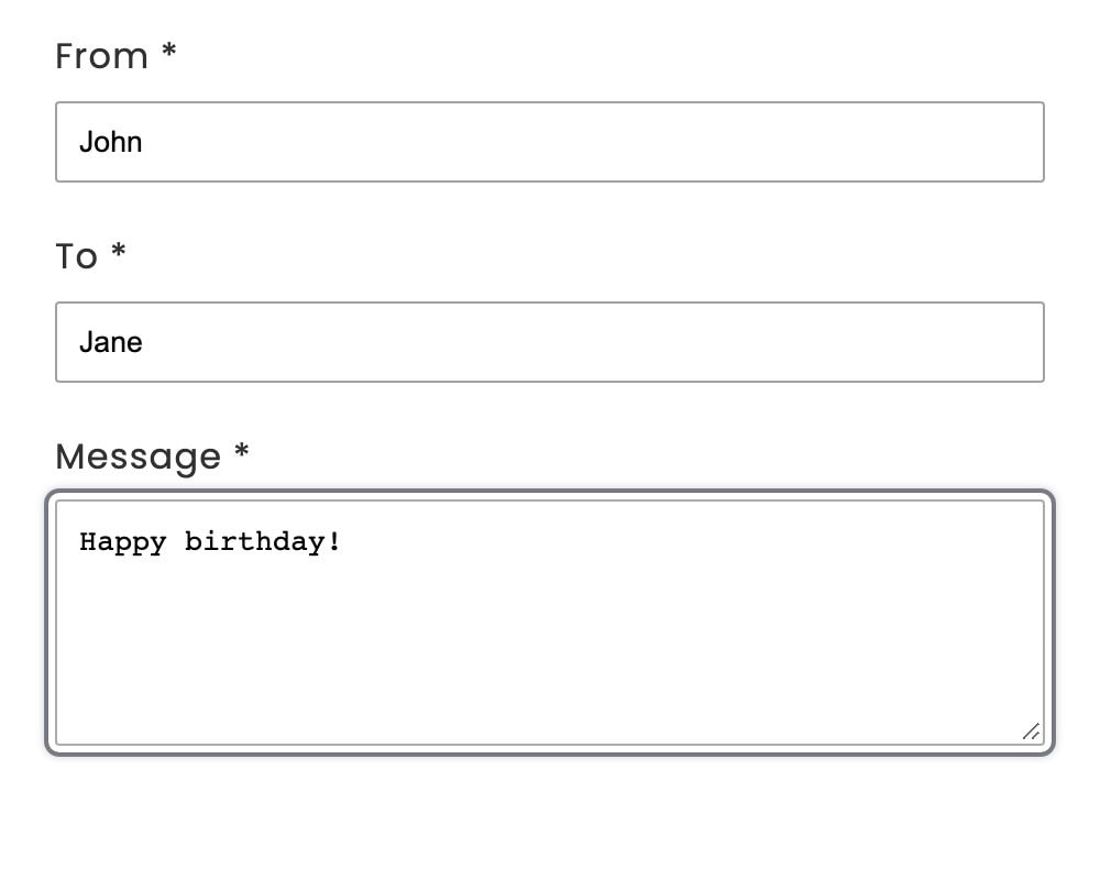 The personalization step of a gift box with required From, To and Message fields filled in with John, Jane and Happy birthday!