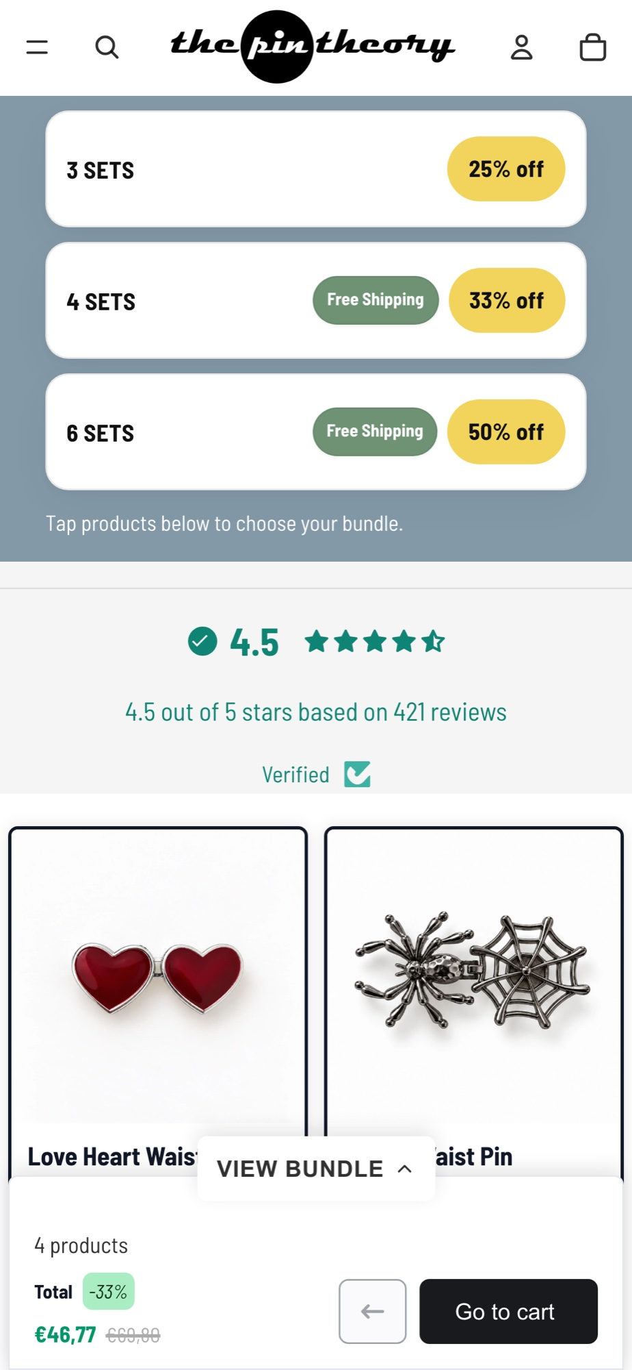 The Pin Theory bundle on a phone with the 3, 4 and 6 set tiers above the products and a collapsed bundle bar at 33% off