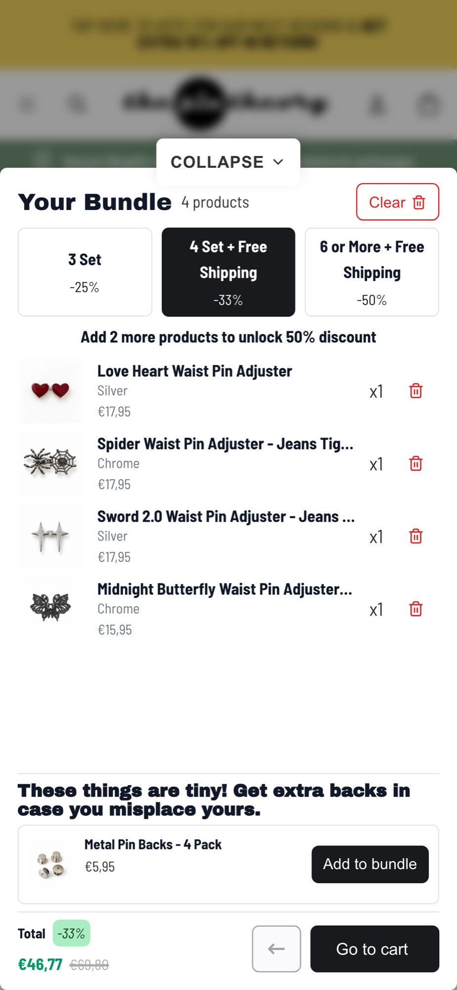 The Pin Theory bundle summary opened on a phone, with the 4 set tier active and a prompt to add 2 more products to unlock 50% off