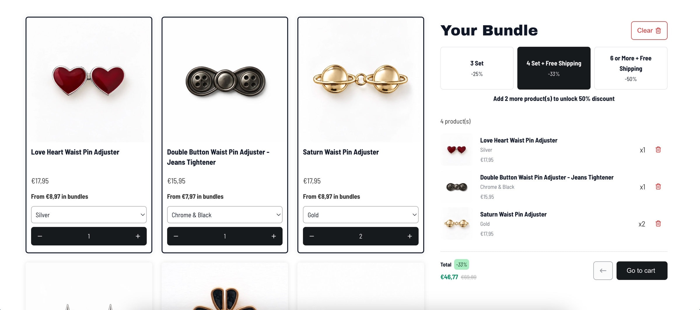 The Pin Theory bundle builder with three discount tiers, the 4 set tier at 33% off active and a prompt to add 2 more products to unlock 50%