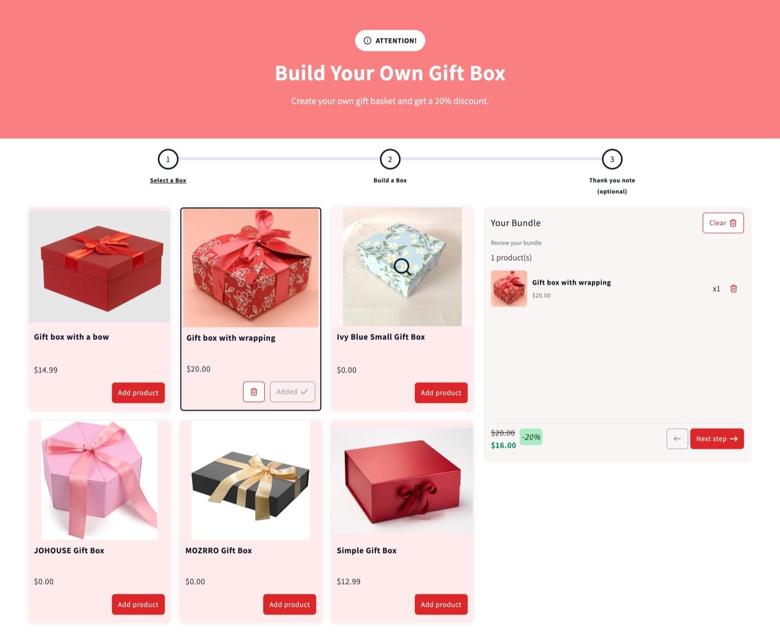 Gift box builder with a branded header bundle on NeatBundles demo store
