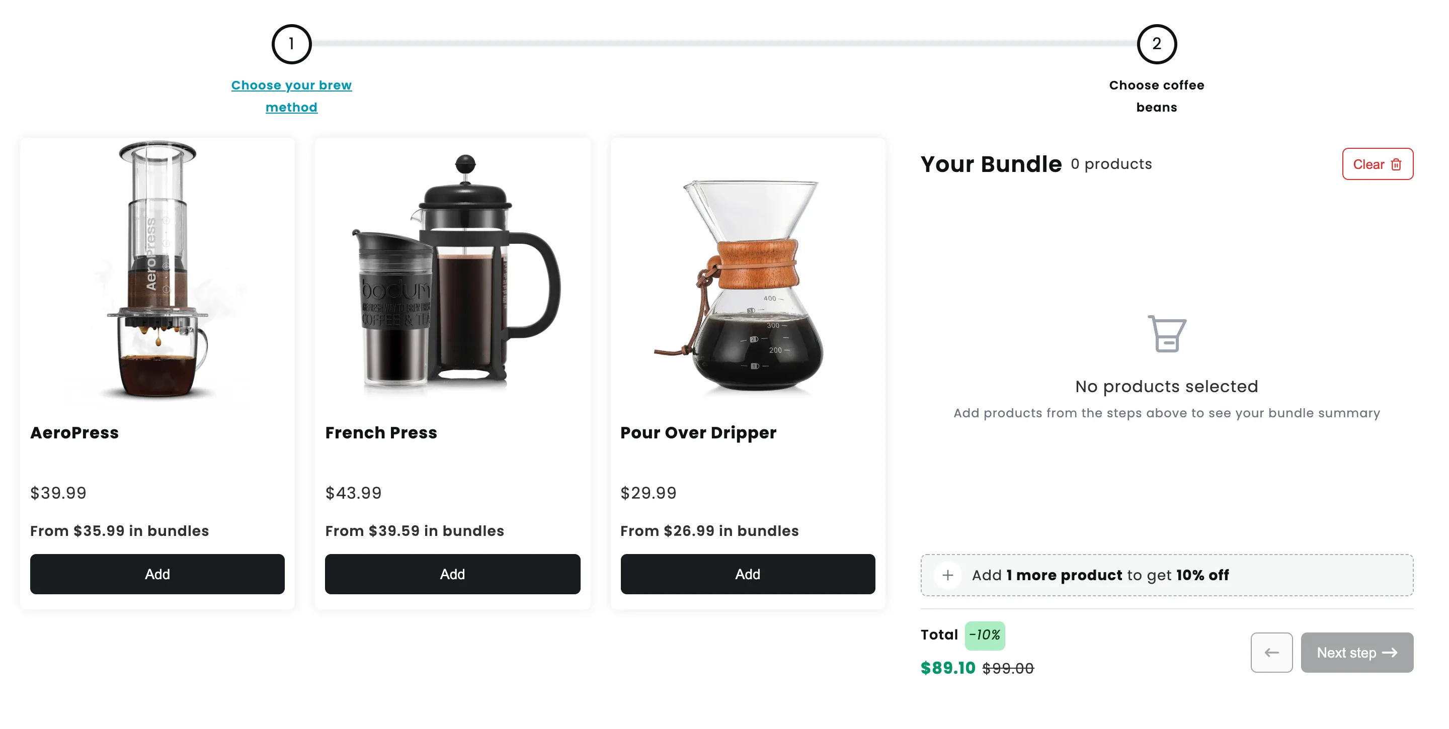Step-by-step product bundles on a Shopify storefront: step 1 asks the shopper to choose a brewing method