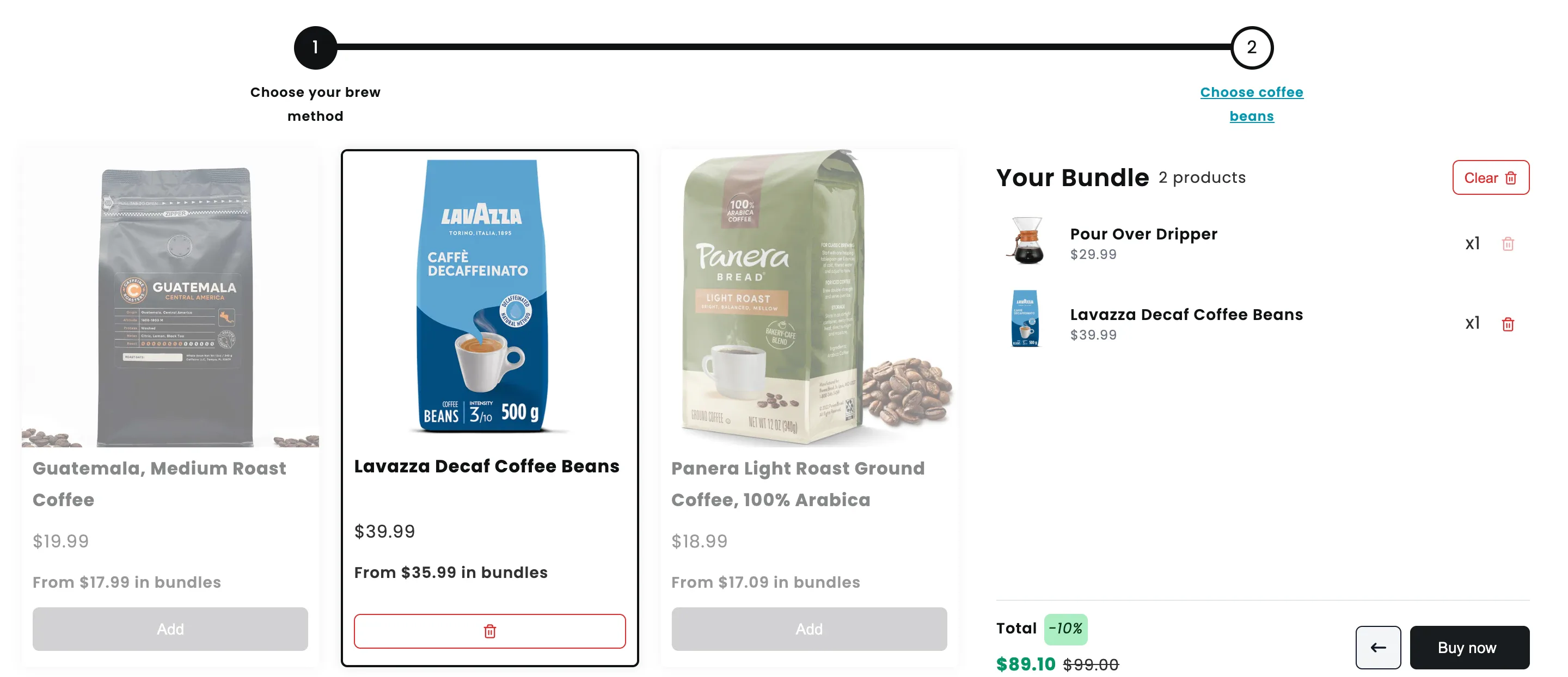 Second step of the bundle with coffee beans and a live bundle summary showing a 10% discount