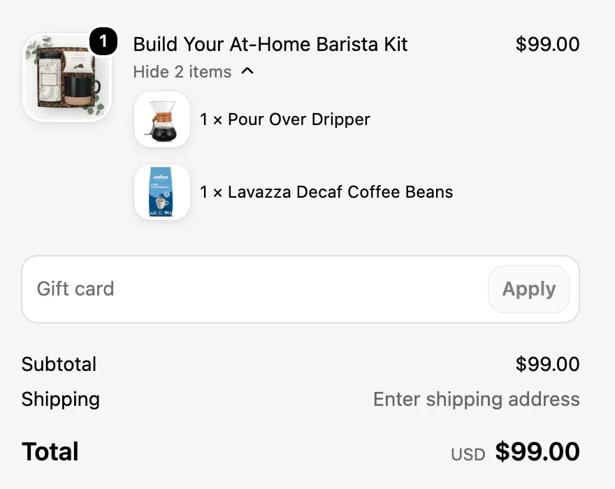 Shopify checkout showing the bundle with each item listed separately underneath