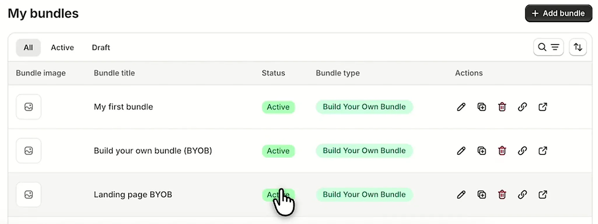 NeatBundles dashboard in Shopify admin showing the My bundles list and the Add bundle button
