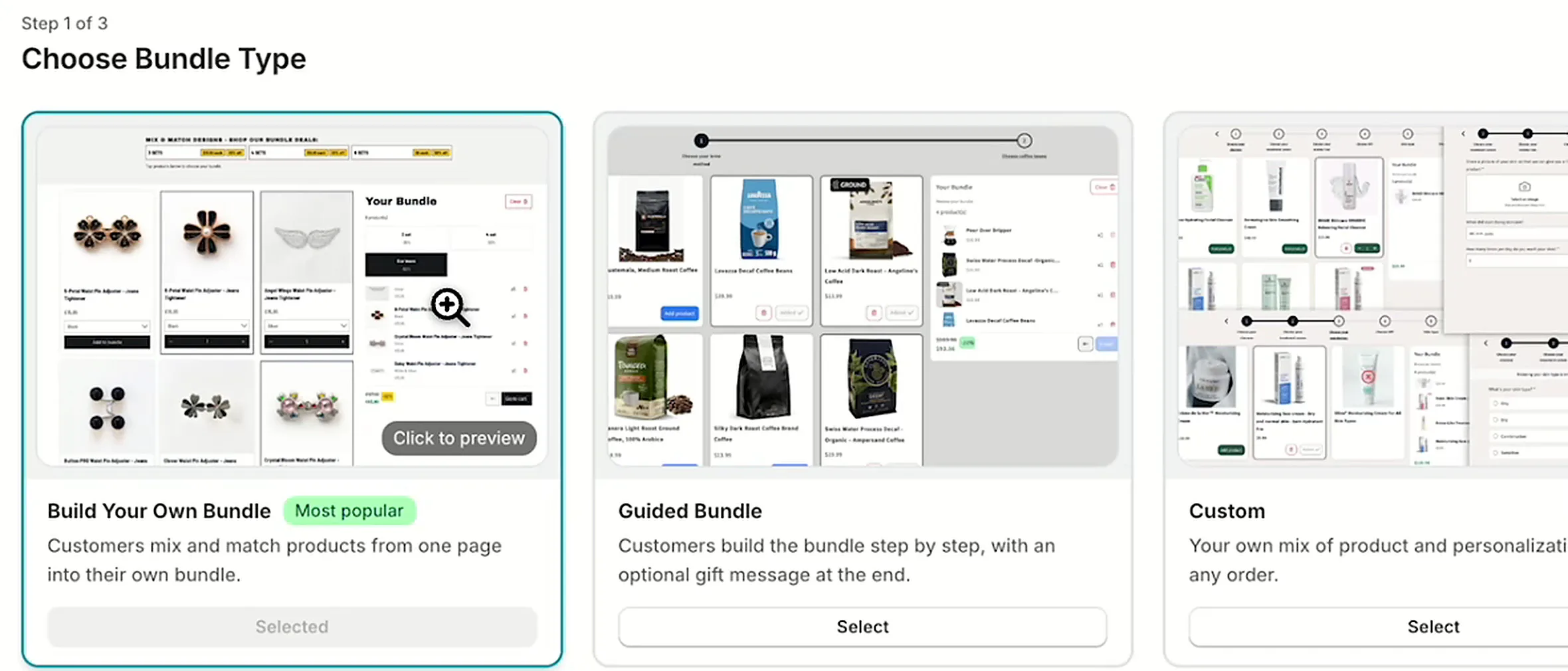 Choose Bundle Type screen in NeatBundles with Build Your Own Bundle, Guided Bundle and Custom options