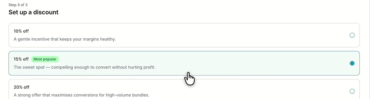 Set up a discount step with 10%, 15% and 20% off options and 15% selected