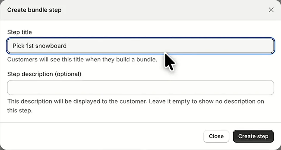 Create bundle step dialog with the step title and optional step description fields