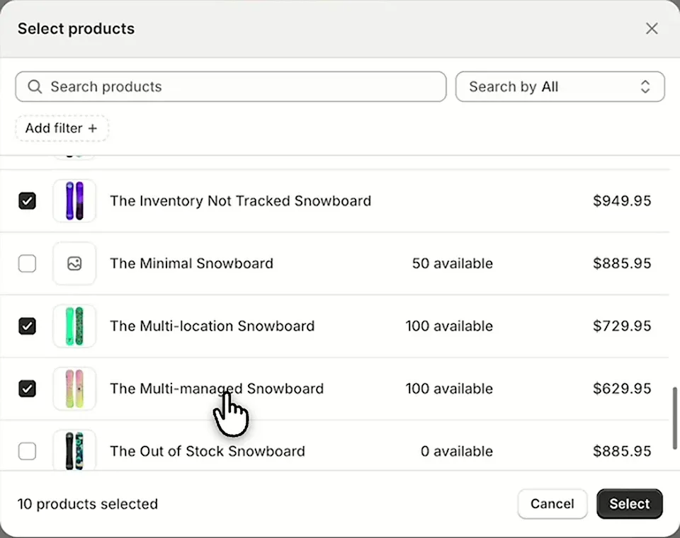 Select products dialog with snowboards checked for the first step of the bundle