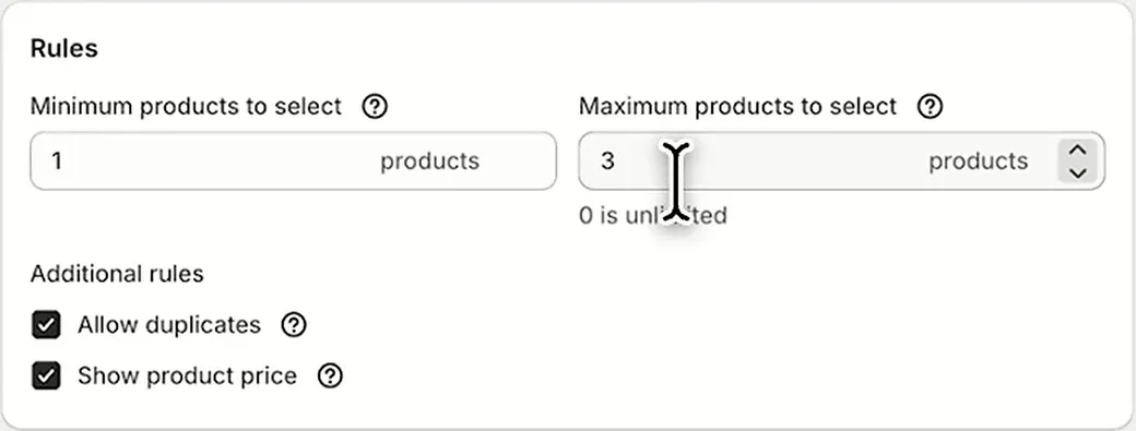 Step rules with minimum products set to 1, maximum set to 3, allow duplicates and show product price enabled
