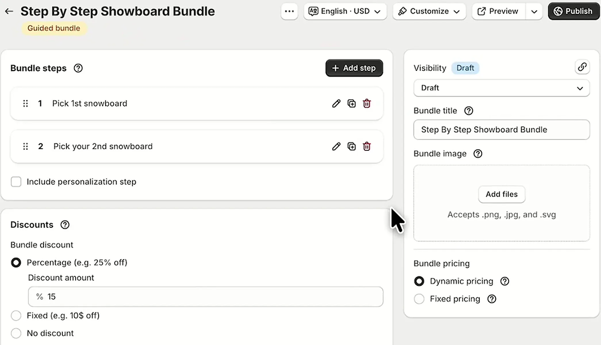 Bundle settings page showing two bundle steps, the 15% percentage discount and visibility set to Draft