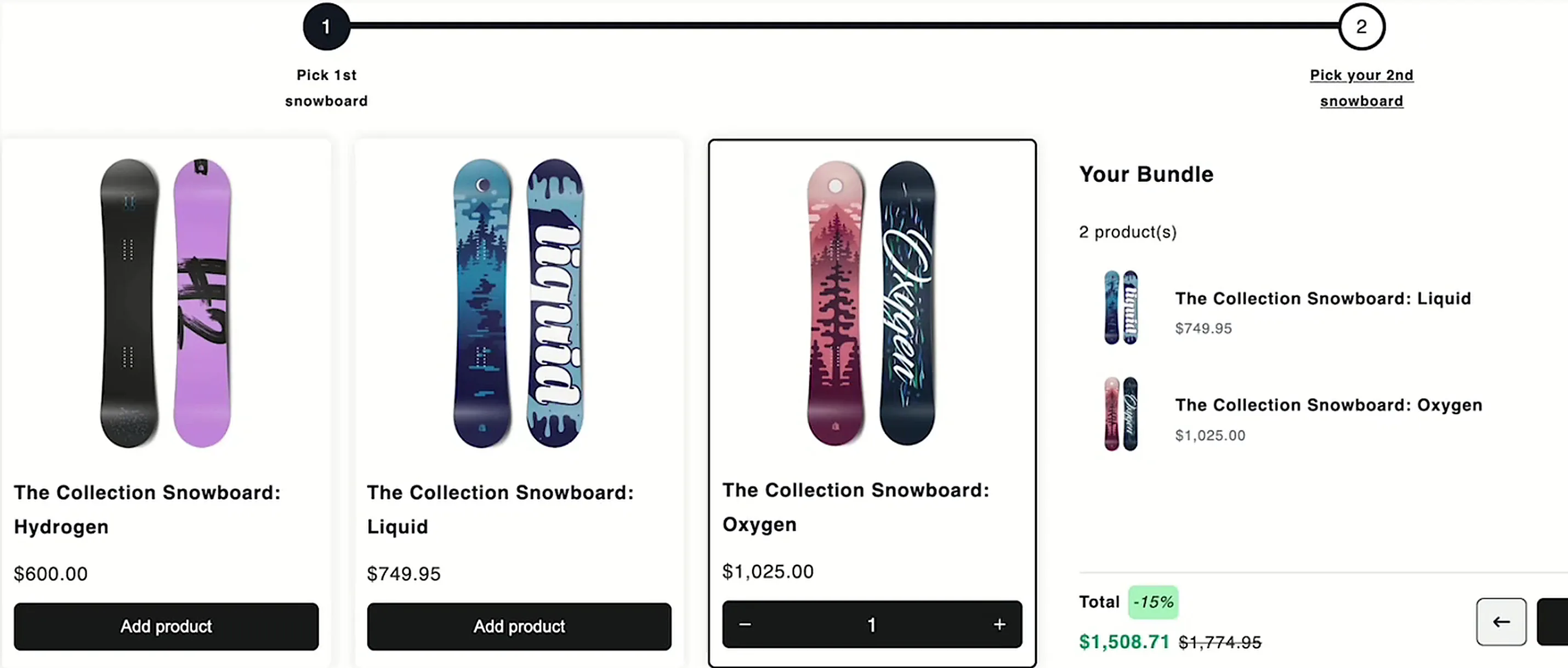 Step-by-step bundle on the storefront with two snowboards selected and a 15% discount in the bundle summary